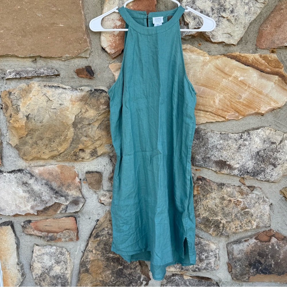 Sigrid Olsen Teal 100% Linen Sleeveless High-Neck Mini Dress Coastal Summer
